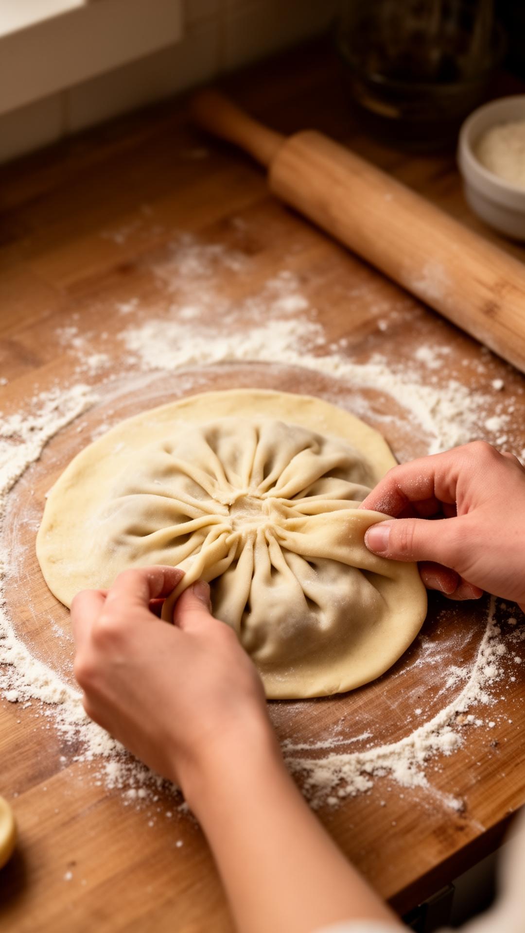 Hands pleating dough